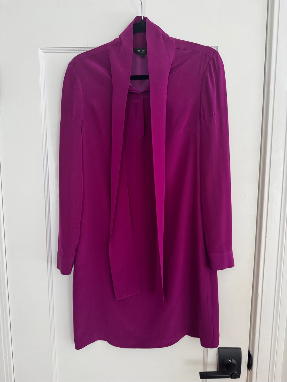 Ted Baker London Magenta Tie-Neck Long Sleeve Dress